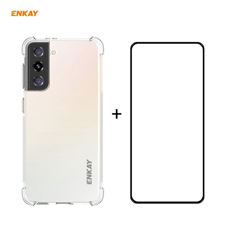 Hat-Prince ENKAY Custodia antiurto in TPU trasparente Custodia morbida antiscivolo + 0,26 mm 9H 2,5D Colla completa Copertura completa Pellicola protettiva in vetro temperato Supporto Sblocco impronte digitali, For Samsung Galaxy S21+ 5G               ...