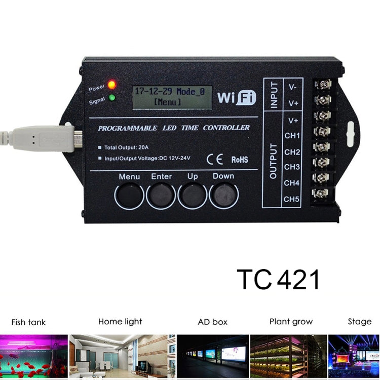 TC421 Controller temporale LED RGB programmabile 5CH WiFi 20A per acquario, acquario, crescita delle piante, DC 12-24V