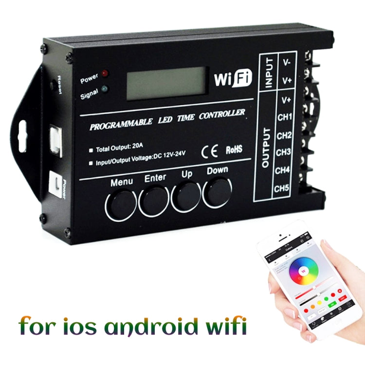 TC421 Controller temporale LED RGB programmabile 5CH WiFi 20A per acquario, acquario, crescita delle piante, DC 12-24V