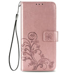 Custodia in pelle con protezione per telefono cellulare con fibbia in rilievo con chiusura a quattro foglie con cordino e slot per schede e portafoglio e funzione staffa, For Samsung Galaxy A52 5G, For Samsung Galaxy A72 5G, For Motorola MOTO E7