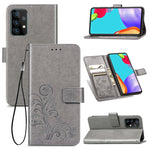 Custodia in pelle con protezione per telefono cellulare con fibbia in rilievo con chiusura a quattro foglie con cordino e slot per schede e portafoglio e funzione staffa, For Samsung Galaxy A52 5G, For Samsung Galaxy A72 5G, For Motorola MOTO E7