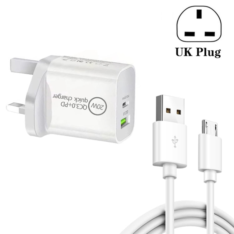 SDC-18W Caricatore da viaggio universale a ricarica rapida doppia USB PD + QC 3.0 da 18 W con cavo dati di ricarica rapida da USB a micro USB, presa UK, USB to Micro USB (UK Plug)