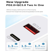 SDC-18W Caricatore da viaggio universale a ricarica rapida doppia porta USB PD 3.0 + QC 3.0 da 18 W con cavo dati di ricarica rapida da Type-C/USB-C a Type-C/USB-C, presa UK, Type-C / USB-C to Type-C / USB-C (UK Plug)