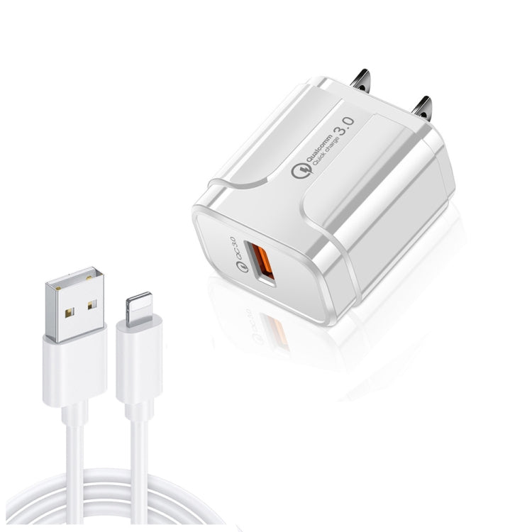Caricabatterie da viaggio portatile USB LZ-023 18W QC 3.0 + cavo dati da USB a 8 pin 3A, spina USA, USB to 8 Pin Data Cable, US Plug, 8 Pin Data Cable, US Plug