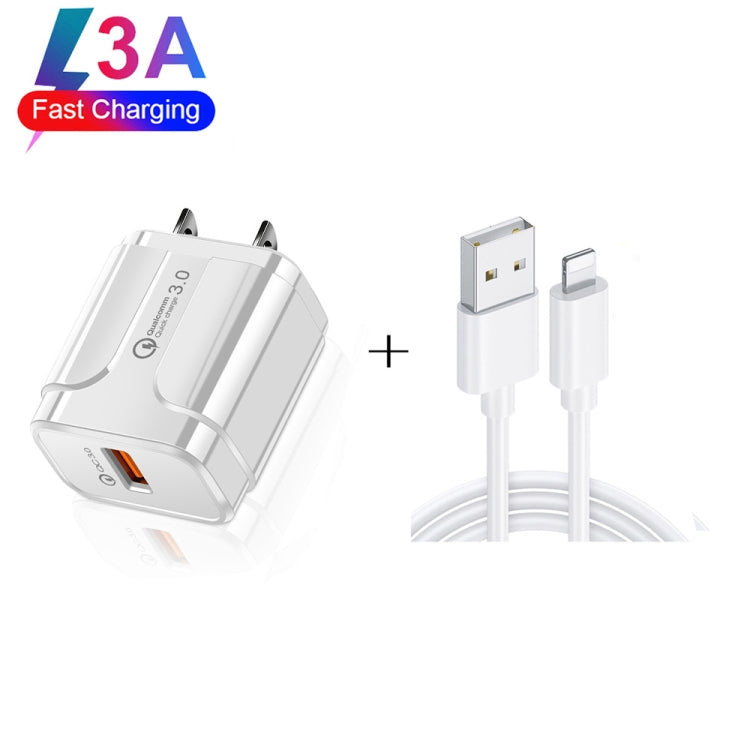 Caricabatterie da viaggio portatile USB LZ-023 18W QC 3.0 + cavo dati da USB a 8 pin 3A, spina USA, USB to 8 Pin Data Cable, US Plug, 8 Pin Data Cable, US Plug
