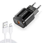 LZ-023 Caricabatterie da viaggio portatile USB QC 3.0 da 18 W + cavo dati da USB a 8 pin da 3 A, spina europea, 8 Pin Data Cable, EU Plug