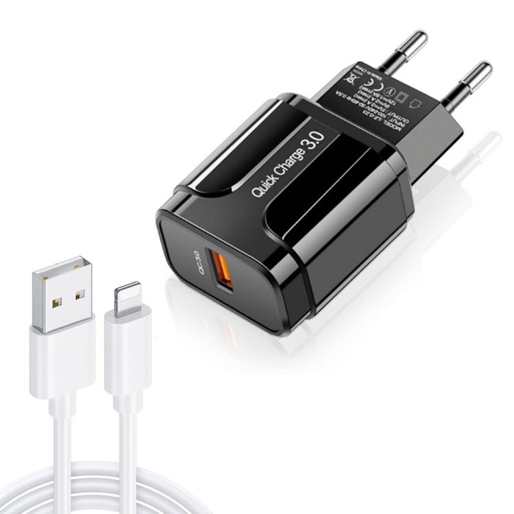 LZ-023 Caricabatterie da viaggio portatile USB QC 3.0 da 18 W + cavo dati da USB a 8 pin da 3 A, spina europea, 8 Pin Data Cable, EU Plug