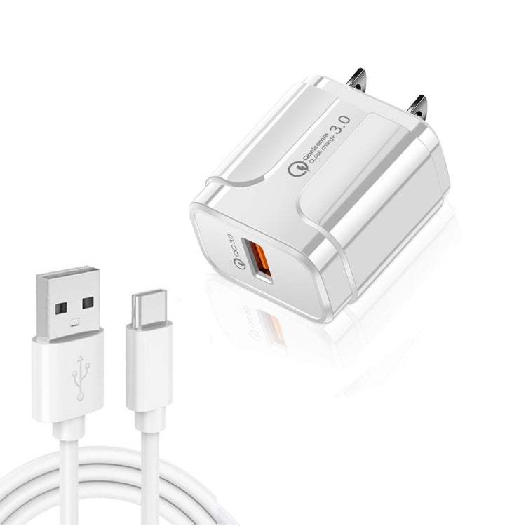 Caricabatterie da viaggio portatile USB LZ-023 18W QC3.0 + cavo dati da USB a tipo C da 3 A, spina USA, Type-C Data Cable, US Plug