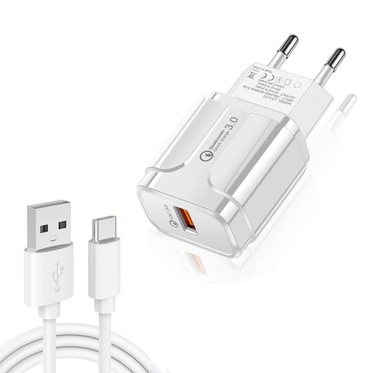 LZ-023 Caricabatterie da viaggio portatile USB QC 3.0 da 18 W + cavo dati da USB a tipo C da 3 A, spina europea, Type-C Data Cable, EU Plug