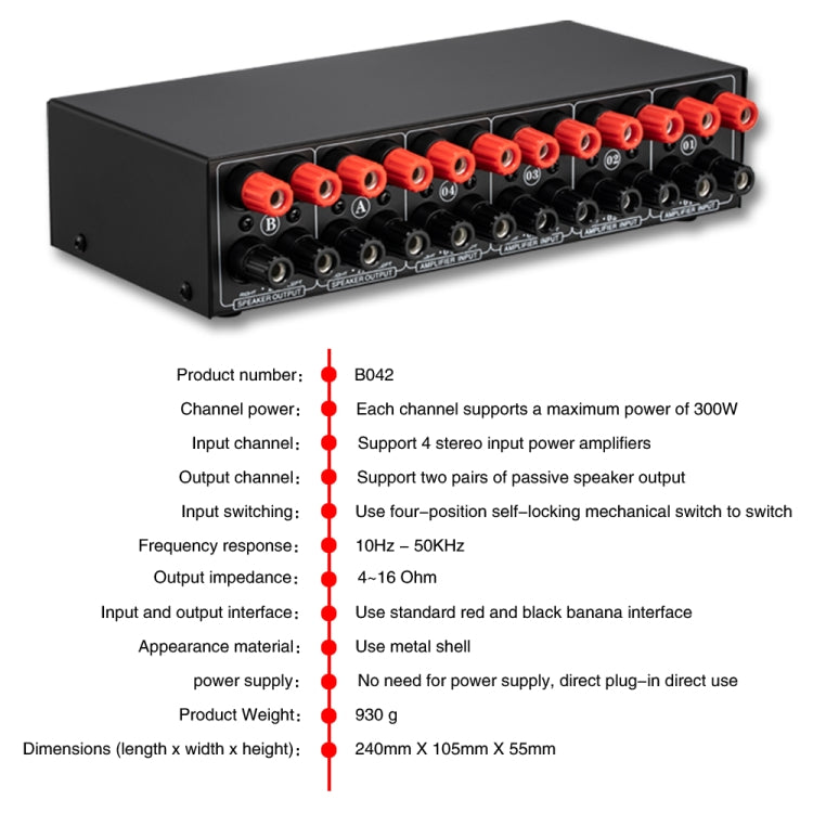 B042 Amplificatore di potenza 4-in-2-out Commutatore audio Distributore interruttore altoparlante, 300 W per canale Qualità audio senza perdita di dati, B042