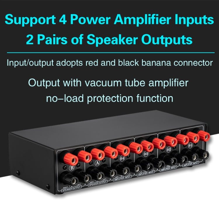 Amplificatore di potenza a 4 ingressi e 2 uscite e commutatore di altoparlanti Commutatore splitter per altoparlanti 300 W per canale senza perdita di qualità del suono, 4 In 2 Out