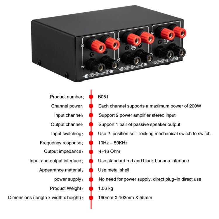 B051 Amplificatore di potenza a 2 ingressi e 1 uscita e uscita commutatore di selezione degli altoparlanti con regolazione del volume 2 amplificatori di potenza Commutatore audio Comparatore di distribuzione, B051