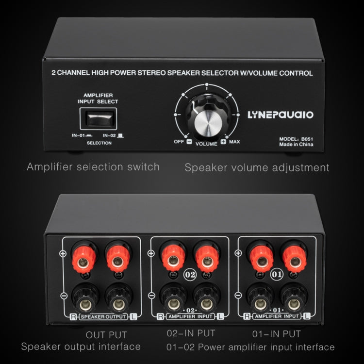 B051 Amplificatore di potenza a 2 ingressi e 1 uscita e uscita commutatore di selezione degli altoparlanti con regolazione del volume 2 amplificatori di potenza Commutatore audio Comparatore di distribuzione, B051