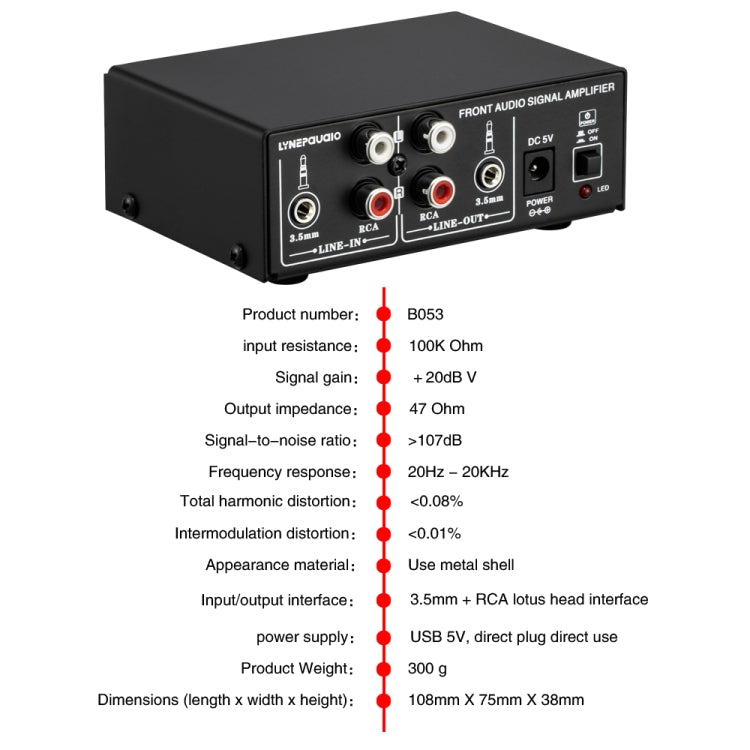 B053 Amplificatore audio stereo anteriore Amplificatore per cuffie Altoparlante con regolazione del volume, Mixer a 2 vie, Alimentatore USB 5V, Spina USA, B053