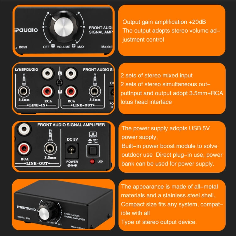 B053 Amplificatore audio stereo anteriore Amplificatore per cuffie Altoparlante con regolazione del volume, Mixer a 2 vie, Alimentatore USB 5V, Spina USA, B053