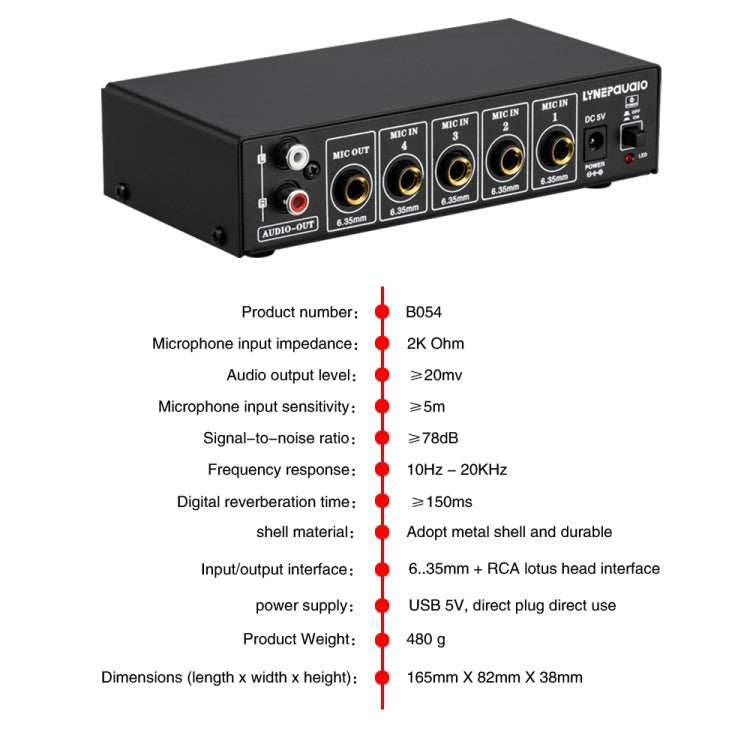 B054 Mixer microfonico a 4 canali supporta l'uscita stereo con regolazione degli alti e dei bassi del riverbero, alimentazione USB 5V, spina americana, B054