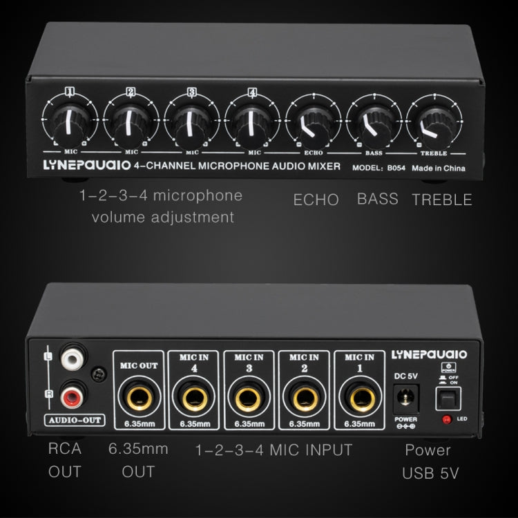 Mixer microfonico a 4 canali con uscita stereo USB 5V