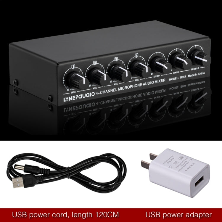 B054 Mixer microfonico a 4 canali supporta l'uscita stereo con regolazione degli alti e dei bassi del riverbero, alimentazione USB 5V, spina americana, B054