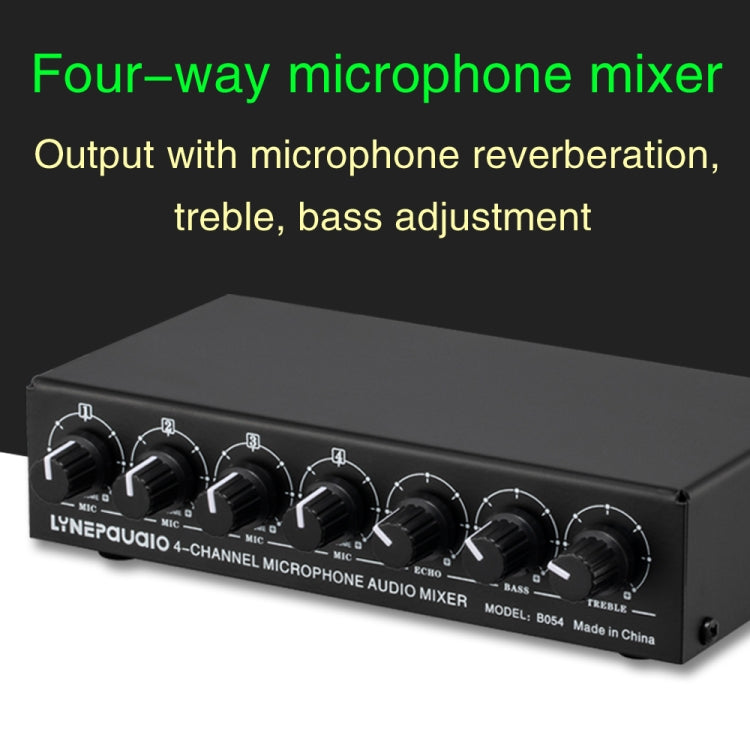 B054 Mixer microfonico a 4 canali supporta l'uscita stereo con regolazione degli alti e dei bassi del riverbero, alimentazione USB 5V, spina americana, B054