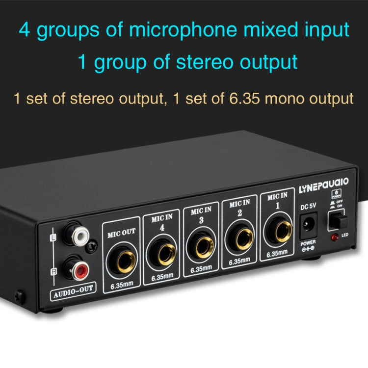 B054 Mixer microfonico a 4 canali supporta l'uscita stereo con regolazione degli alti e dei bassi del riverbero, alimentazione USB 5V, spina americana, B054