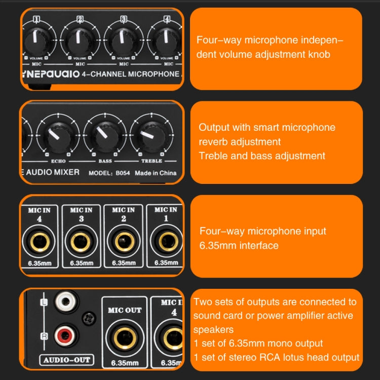 B054 Mixer microfonico a 4 canali supporta l'uscita stereo con regolazione degli alti e dei bassi del riverbero, alimentazione USB 5V, spina americana, B054