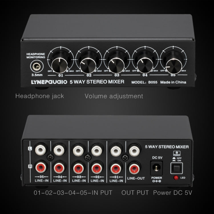 Mixer stereo attivo a 5 canali con uscita USB 5V