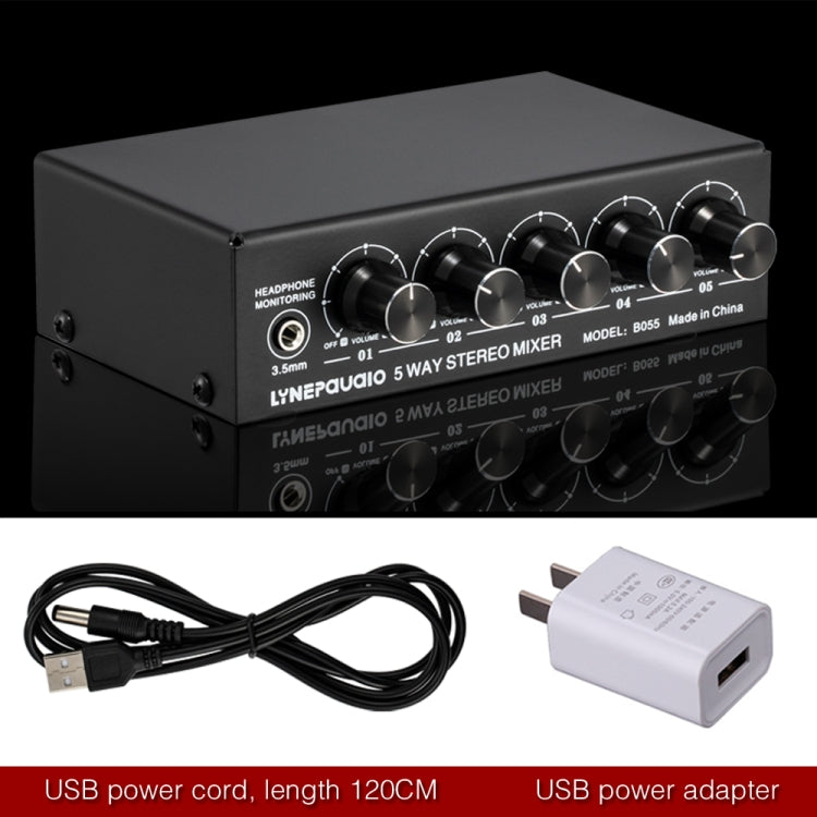 B055 Mixer stereo attivo a 5 canali Mixer multicanale con regolazione del volume indipendente e uscita di alimentazione USB 5V e monitoraggio delle cuffie, presa americana, B055