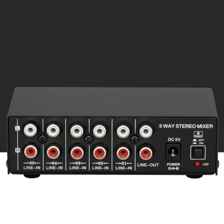 B055 Mixer stereo attivo a 5 canali Mixer multicanale con regolazione del volume indipendente e uscita di alimentazione USB 5V e monitoraggio delle cuffie, presa americana, B055