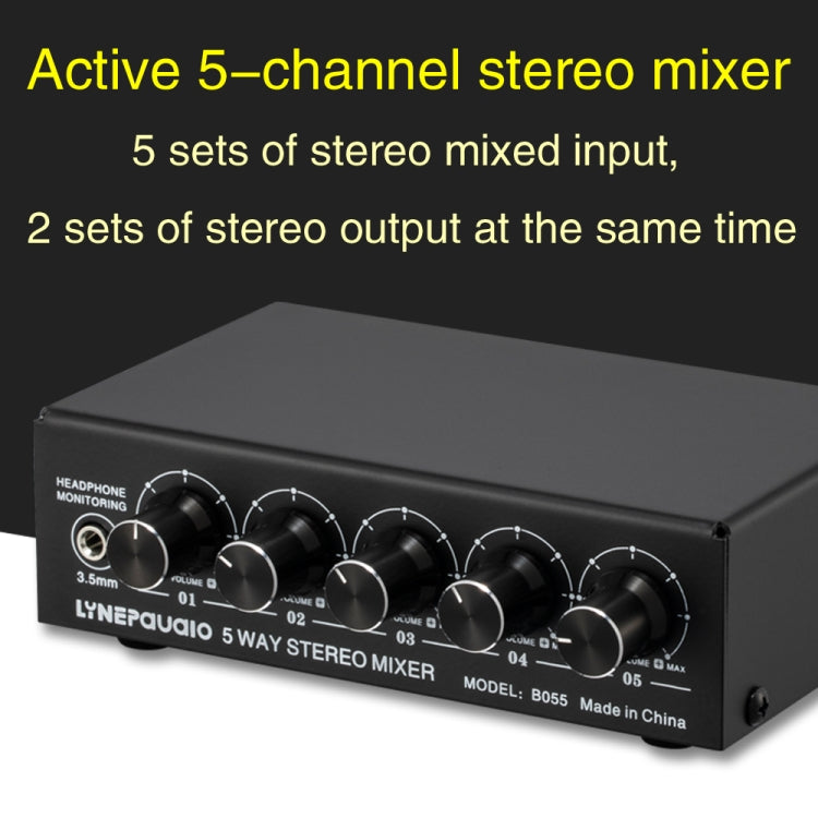 B055 Mixer stereo attivo a 5 canali Mixer multicanale con regolazione del volume indipendente e uscita di alimentazione USB 5V e monitoraggio delle cuffie, presa americana, B055