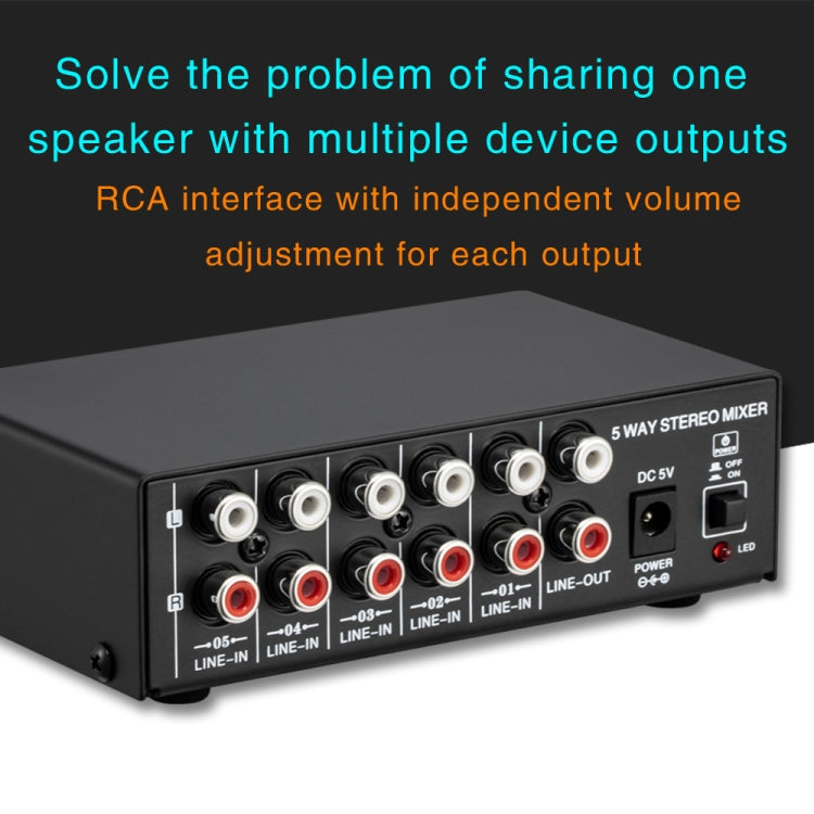 Mixer stereo attivo a 5 canali con uscita USB 5V