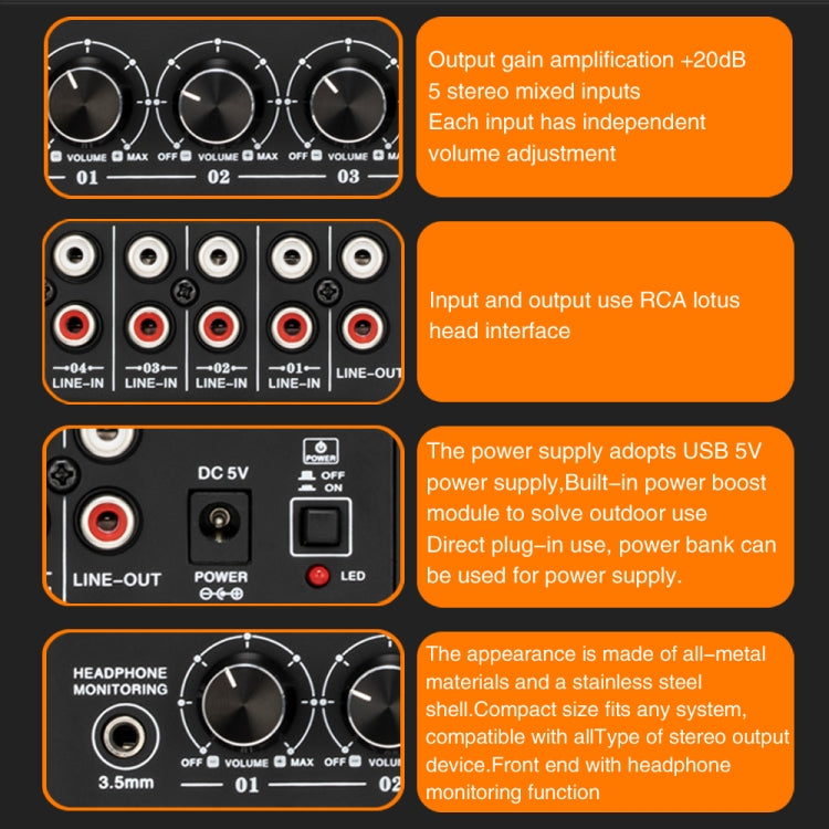 B055 Mixer stereo attivo a 5 canali Mixer multicanale con regolazione del volume indipendente e uscita di alimentazione USB 5V e monitoraggio delle cuffie, presa americana, B055