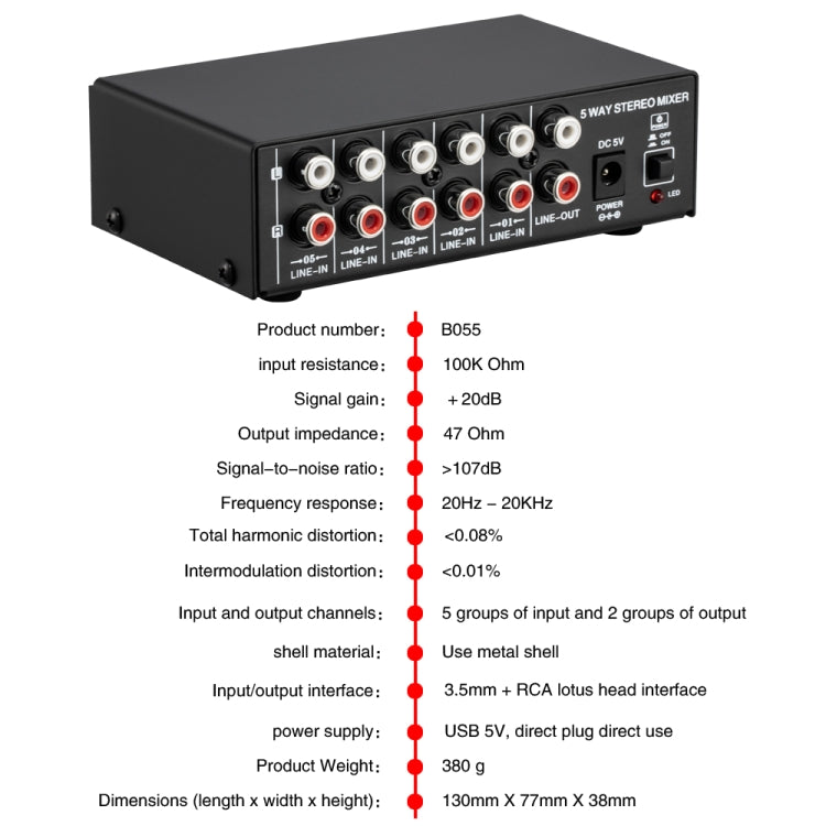 B055 Mixer stereo attivo a 5 canali Mixer multicanale con regolazione del volume indipendente e uscita di alimentazione USB 5V e monitoraggio delle cuffie, presa americana, B055