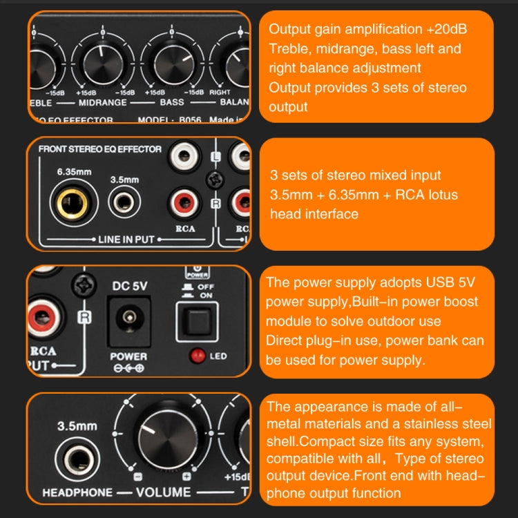 Mixer a 3 canali Amplificatore stereo frontale Regolatore alti/medi/bassi, Alimentatore USB 5V, Spina USA, B056