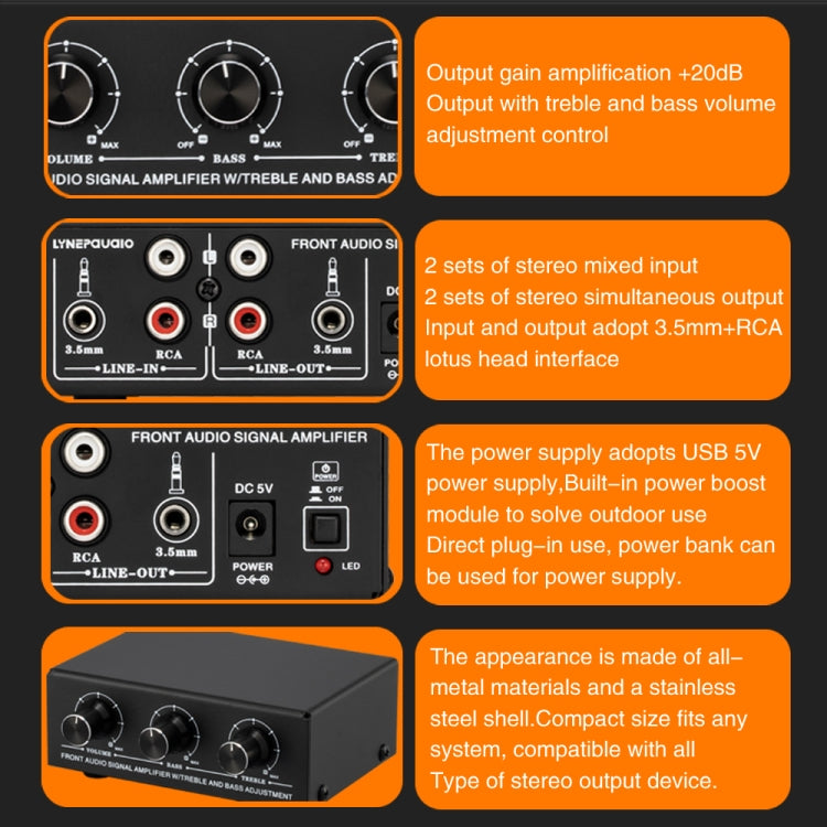 B057 Amplificatore audio stereo anteriore Amplificatore per cuffie Altoparlante con regolazione dei bassi alti e bassi Miscelazione a 2 vie, Alimentazione USB 5 V, Spina americana, B057