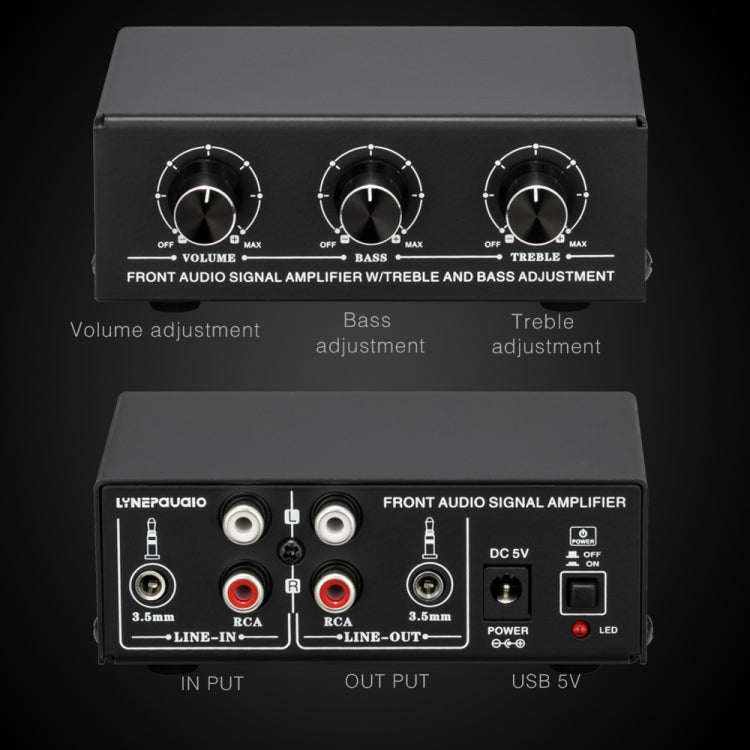 B057 Amplificatore audio stereo anteriore Amplificatore per cuffie Altoparlante con regolazione dei bassi alti e bassi Miscelazione a 2 vie, Alimentazione USB 5 V, Spina americana, B057