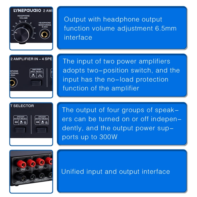 B032 Amplificatore di potenza 2 ingressi 4 uscite Commutatore audio Altoparlante Qualità audio senza perdita di qualità 300 W per canale Commutatore Distributore Comparatore con funzione di monitoraggio cuffie / Ingresso audio, B032