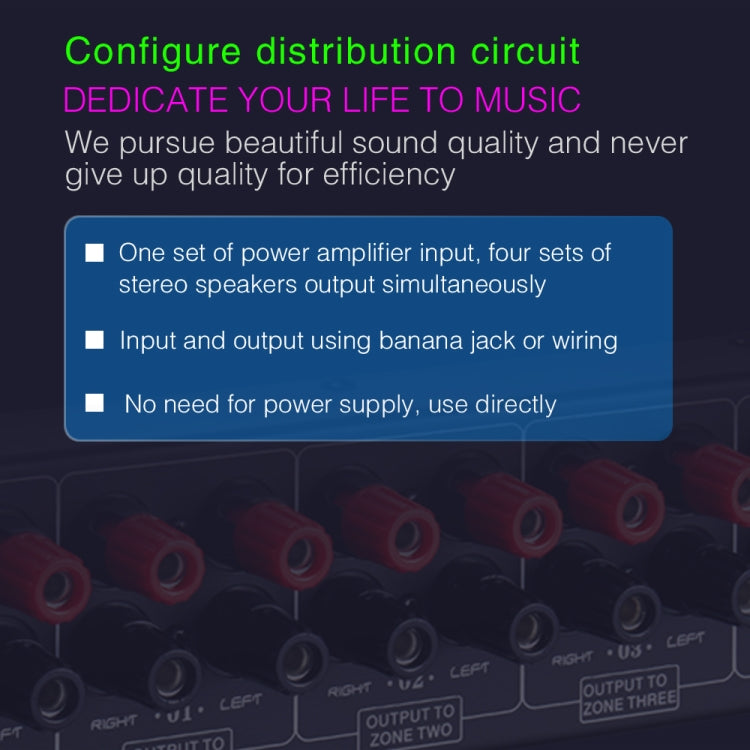 Distributore altoparlante audio amplificatore con 1 ingresso e 4 uscite, sorgente sonora a 4 aree, pannello di distribuzione del segnale, ingresso audio singolo, 300 W per canale, B030