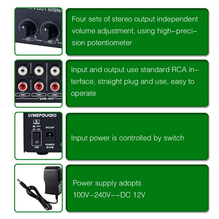 Amplificatore di segnale stereo anteriore 1 ingresso e 4 uscite, regolazione del volume di uscita indipendente, interfaccia RCA, allocatore senza perdite, spina americana, B029