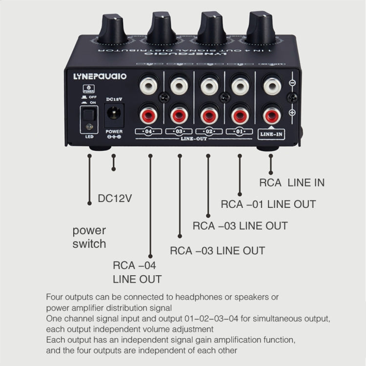 Amplificatore di segnale stereo anteriore 1 ingresso e 4 uscite, regolazione del volume di uscita indipendente, interfaccia RCA, allocatore senza perdite, spina americana, B029