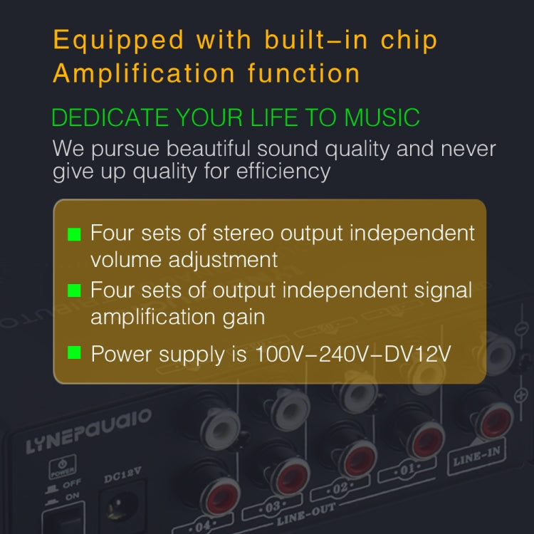 Amplificatore di segnale stereo anteriore 1 ingresso e 4 uscite, regolazione del volume di uscita indipendente, interfaccia RCA, allocatore senza perdite, spina americana, B029