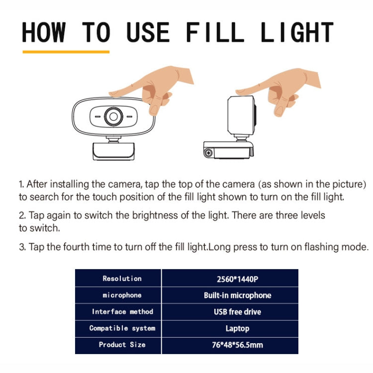 C10 2K HD senza distorsione, rotazione di 360 gradi, luce di riempimento a tre velocità, unità USB gratuita, webcam, microfono integrato per un suono più chiaro