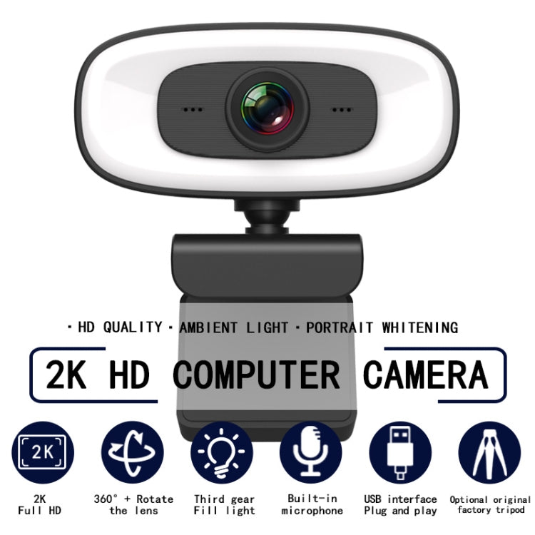 C10 2K HD senza distorsione, rotazione di 360 gradi, luce di riempimento a tre velocità, unità USB gratuita, webcam, microfono integrato per un suono più chiaro