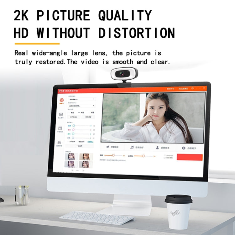 C10 2K HD senza distorsione, rotazione di 360 gradi, luce di riempimento a tre velocità, unità USB gratuita, webcam, microfono integrato per un suono più chiaro
