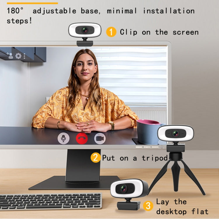 C10 2K HD senza distorsione, rotazione di 360 gradi, luce di riempimento a tre velocità, unità USB gratuita, webcam, microfono integrato per un suono più chiaro