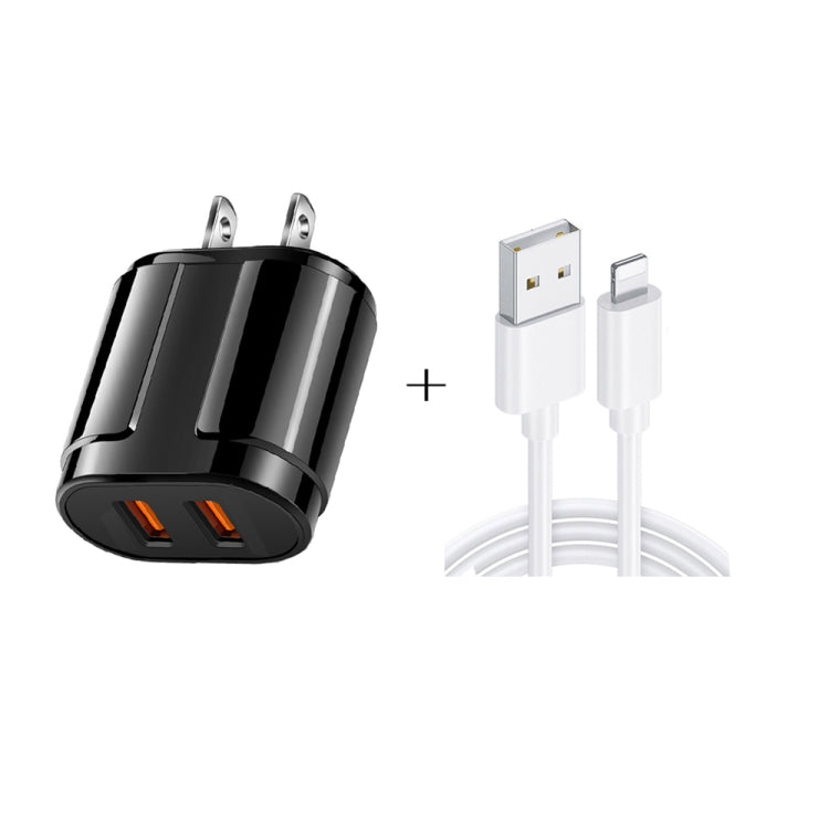 Caricatore da viaggio portatile doppio USB + cavo dati da USB a 8 pin da 1 metro, spina americana