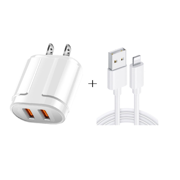 Caricatore da viaggio portatile doppio USB + cavo dati da USB a 8 pin da 1 metro, spina americana
