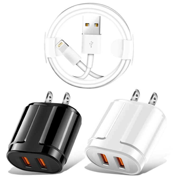 Caricatore da viaggio portatile doppio USB + cavo dati da USB a 8 pin da 1 metro, spina americana