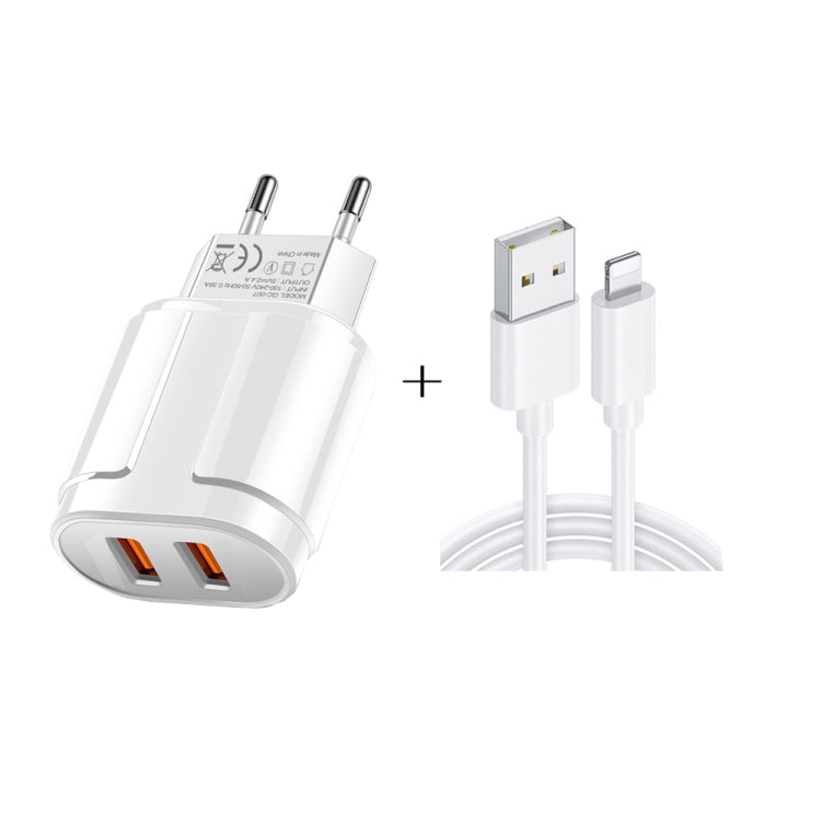 Caricatore da viaggio portatile doppio USB + cavo dati da USB a 8 pin da 1 metro, spina europea