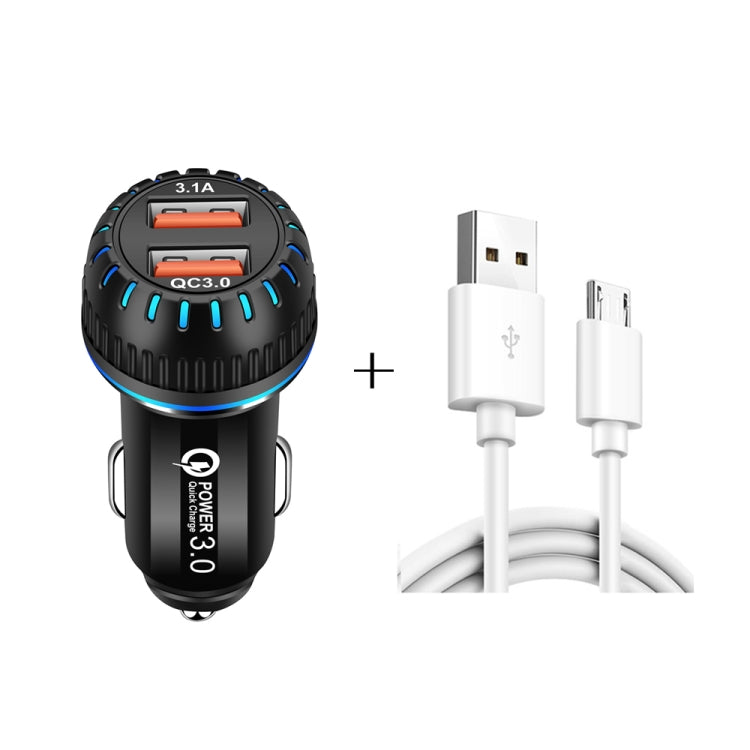 YSY-349 QC3.0 Caricabatteria da auto con doppia porta USB + cavo dati da USB a micro USB da 1 m 3 A, with Micro USB Cable