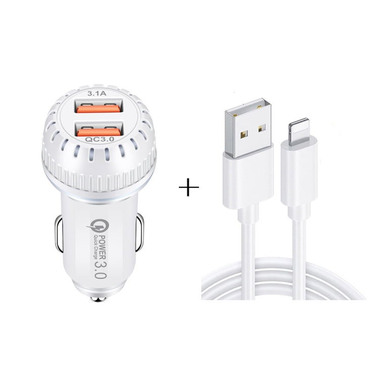 YSY-349 QC3.0 Caricabatteria da auto USB a doppia porta + cavo dati da USB a 8 pin da 3 A, lunghezza: 1 m, with 8 Pin Cable